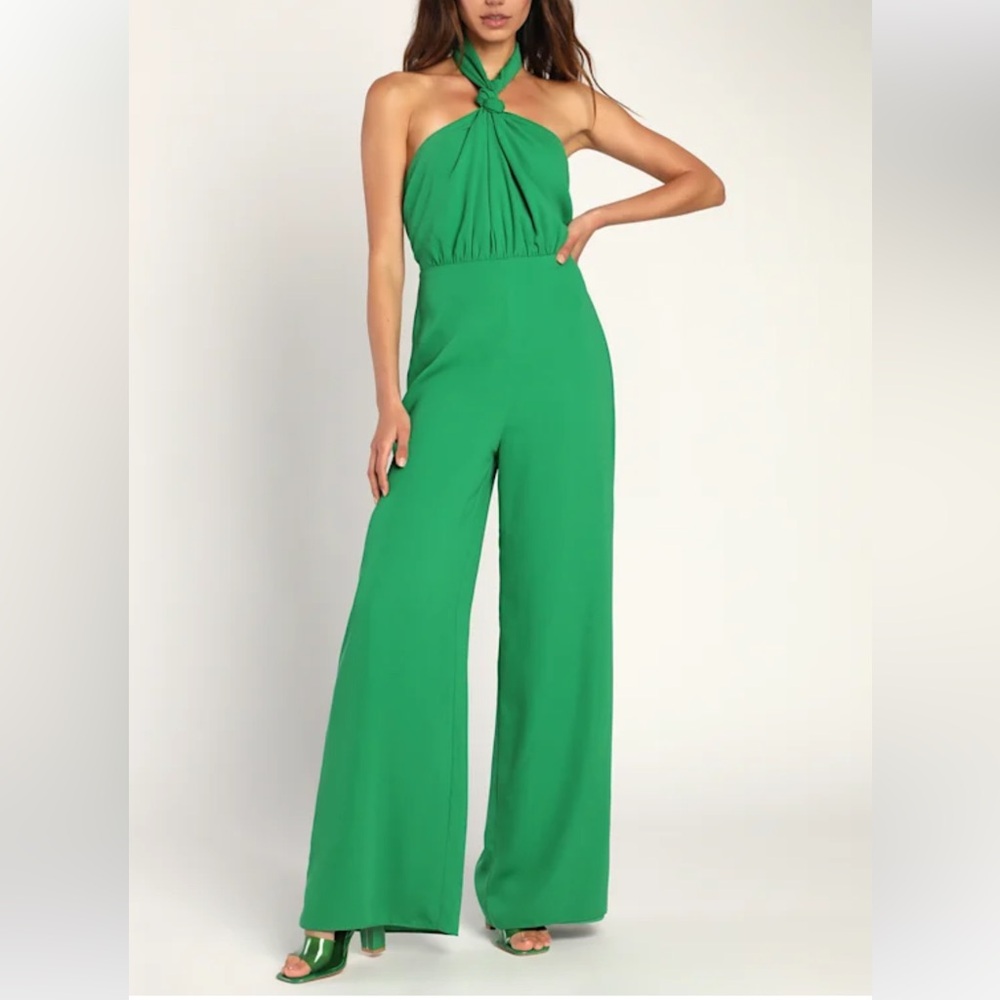 Epitome of Elegant Green Knotted Halter Wide-Leg Jumpsuit